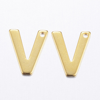 304 Stainless Steel Charms, Letter.V, Real 18K Gold Plated, 11x9x0.8mm, Hole: 1mm