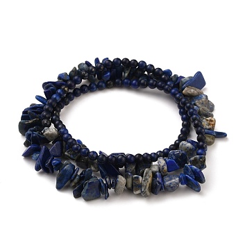 Three Loops Stretch Wrap Bracelets, with Natural Lapis Lazuli Beads, Round & Chip, 22.04 inch(56cm)