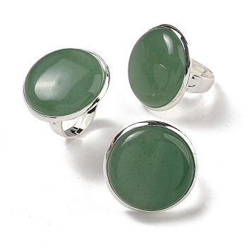 Natural Green Aventurine Round Adjustable Rings, Lead Free & Cadmium Free, Silver Plated Brass Finger Rings for Women Men, Round: 28mm, Inner Diameter: 18mm