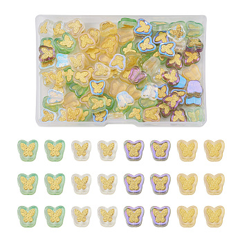 96Pcs 4 Colors Electroplate Transparent Handmade Lampwork Beads, with Golden Plated Brass Findings, Butterfly, Mixed Color, 11x11x4mm, Hole: 1mm, 24pcs/color