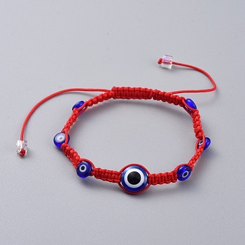 Nylon Thread Braided Bead Bracelets, Red String Bracelets, with Resin and Handmade Lampwork Beads, Evil Eye, Red, 1-3/4 inch~3-3/8 inch(4.8~8.5cm)