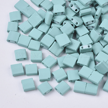 2-Hole Glass Seed Beads, Rubberized Style, Rectangle, Pale Turquoise, 5x4.5~5.5x2~2.5mm, Hole: 0.5~0.8mm(X-SEED-S023-31C-05)