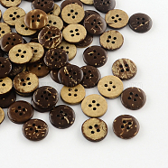 4-Hole Coconut Buttons, Flat Round Sewing Buttons, Coconut Brown, 12.5x2mm, Hole: 1.5mm(X-BUTT-R035-008)