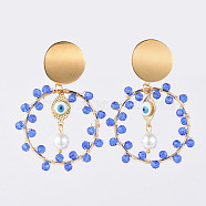 Dangle Stud Earrings, with 304 Stainless Steel Stud Earrings Findings, Brass Enamel Evil Eye Links, Linking Rings, Glass Beads and Earring Backs, Golden, Blue, 63mm, Pin: 0.7mm(EJEW-JE03683-01)