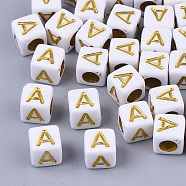 Plating Acrylic Beads, Horizontal Hole, Golden Metal Enlaced, Alphabet Style, Cube, Letter.A, 5.5~6x5.5~6x5.5~6mm, Hole: 3.5mm(X-SACR-S297-09A)