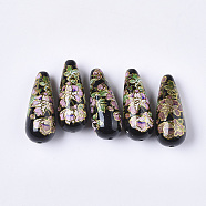 Printed Opaque Resin Beads, teardrop, with Flower Pattern, Black, 32x13mm, Hole: 1.5mm(RESI-T038-001B)