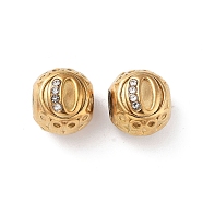 304 Stainless Steel Rhinestone European Beads, Round Large Hole Beads, Real 18K Gold Plated, Round with Letter, Letter O, 11x10mm, Hole: 4mm(STAS-A092-10O-G)