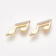 Brass Charms, with Cubic Zirconia, Musical Note, Clear, Nickel Free, Real 18K Gold Plated, 5.5x13x1.5mm, Hole: 0.8mm(KK-S350-228)