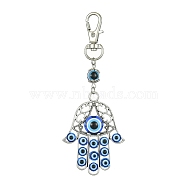Alloy with Resin Evil Eye Pendant Decoration, with Alloy Swivel Lobster Claw Clasps, Hamsa Hand, 103mm(HJEW-JM01473-02)