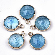 Glass Charms, with Light Gold Tone Brass Findings, Flat Round, Faceted, Deep Sky Blue, 14x11x5mm, Hole: 1.5mm(GLAA-N040-005C)