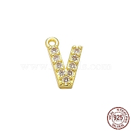 Real 18K Gold Plated 925 Sterling Silver Micro Pave Clear Cubic Zirconia Charms, Initial Letter, Letter V, 8.5x5.5x1mm, Hole: 0.9mm(STER-P054-10G-V)
