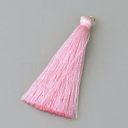 Nylon Thread Tassel Pendants Decoration, with Brass Findings, Golden, Pearl Pink, 35x7mm, Hole: 7mm(FIND-Q065-3.5cm-A27)