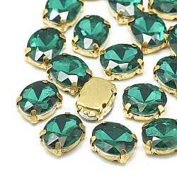 Sew on Rhinestone, Multi-strand Links, Glass Rhinestone, with Brass Prong Settings, Garments Accessories, Faceted, Oval, Golden, Med.Emerald, 14x10x6.5mm, Hole: 1mm(RGLA-T091-10x14mm-15G)
