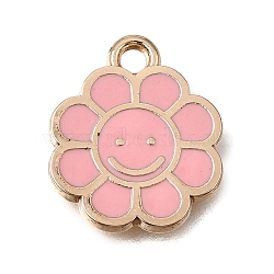 Alloy with Enamel Pendants, Rack Plating, Smiling Face Flower Charms, Golden, Pink, 15x12.5x1.5mm, Hole: 1.6mm(ENAM-T022-85C-G)
