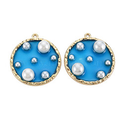 Epoxy Resin Pendants, with ABS Plastic Imitation Pearl, Alloy Findings and Enamel, Flat Round, Golden, Dodger Blue, 36x33x8mm, Hole: 1.8mm(RESI-S365-84D)