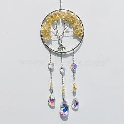 Natural Citrine Tree of Life Pendant Decorations, Suncatchers for Party Window, Wall Display Decorations, 400mm(TREE-PW0002-13C)