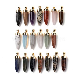 Natural & Synthetic Mixed Gemstone Pointed Pendants, Cone Charms, with Golden Tone Alloy and Iron Findings, 42.5~46x14~15mm, Hole: 8x6mm(G-C023-12)