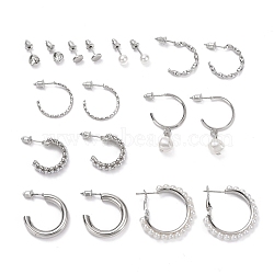 Ring & Round Rhinestone Stud Earrings, Imitation Pearl Beads Drop Half Hoop Earrings, Open Hoop Earrings for Women, Platinum, 6~35.5x1.5~7mm, Pin: 0.8mm, 9 pairs/set(EJEW-D277-09P)