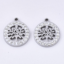 201 Stainless Steel Pendants, with Polymer Clay Crystal Rhinestone, Flat Round with Tree of Life, Stainless Steel Color, 17x15x2mm, Hole: 1.6mm(STAS-N091-18P)