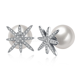 Brass Cubic Zirconia Stud Earrings, with Imitation Pearl, Round and Snowflake, White, Platinum, 18x12mm(EJEW-BB33891-1)