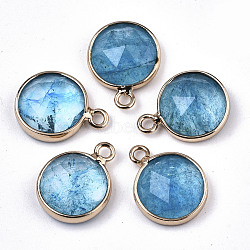 Glass Charms, with Light Gold Tone Brass Findings, Flat Round, Faceted, Deep Sky Blue, 14x11x5mm, Hole: 1.5mm(GLAA-N040-005C)