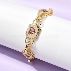 Brass Micro Pave Cubic Zirconia Link Chain Bracelets for Women, Heart, Rack Plating, Long-Lasting Plated, Cadmium Free & Lead Free, Real 18K Gold Plated, 7.36 inch(18.7cm)(BJEW-H639-14G)