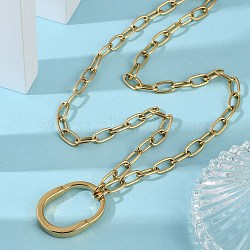 304 Stainless Steel Oval Pendant Paperclip Chain Necklaces, Ion Plating(IP), Golden, 17.32 inch(44cm)(NJEW-L157-08G)