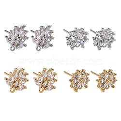 4 Pairs 2 Style Brass Mirco Pave Clear Cubic Zirconia Stud Earring Findings, with Loop, Flower, Golden & Platinum, 4pairs/Box(EJEW-ZZ0001-01)
