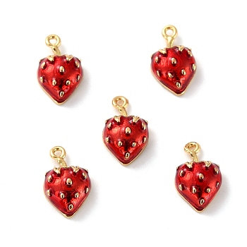 Brass Enamel Pendants, Long-Lasting Plated, Cadmium Free & Lead Free, Real 18K Gold Plated, Strawberry, Red, 11x7x4mm, Hole: 0.9mm