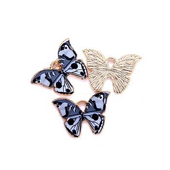 Alloy Enamel Pendants, Butterfly Charms, Light Gold, Black, 21x15mm