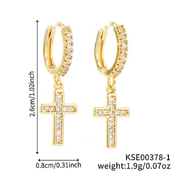 Shiny Brass Pave Cubic Zirconia Cross Hoop Earrings, Fashionable, Simple, and Trendy Women's Accessories, Golden, 26x8mm