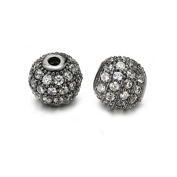 Round Brass Micro Pave Cubic Zirconia Beads, Clear, Gunmetal, 8mm, Hole: 2mm