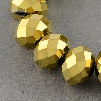 Electroplate Glass Bead Strands, Faceted, Rondelle, Golden Plated, 10x7.5~8mm, Hole: 1mm, about 70~72pcs/strand, 20.8 inch