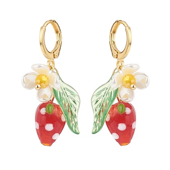 Lampwork Strawberry with Plastic Pearl Flower Dangle Leverback Earring, Gold Plated Brass Drop Earrings for Women, Colorful, 36mm, Pin: 1x0.8mm