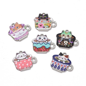 Alloy Enamel Pendants, Cup with Cat, Mixed Color, Platinum, 20x22x1.5mm, Hole: 1.6mm
