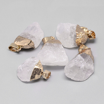 Rough Raw Natural Quartz Crystal Pendants, Rock Crystal Pendants, with Iron Findings, Nuggets, Golden, 20~30x17~27x10~15mm, Hole: 4x7mm
