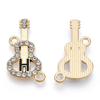 Alloy Black Enamel Connector Charms, with Crystal Rhinestone, Cadmium Free & Lead Free, Guitar Links with Letter, Light Gold, Letter.H, 24x14x2mm, Hole: 1.8mm