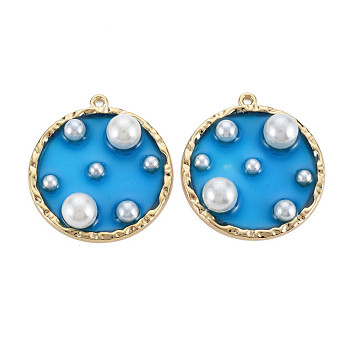 Epoxy Resin Pendants, with ABS Plastic Imitation Pearl, Alloy Findings and Enamel, Flat Round, Golden, Dodger Blue, 36x33x8mm, Hole: 1.8mm