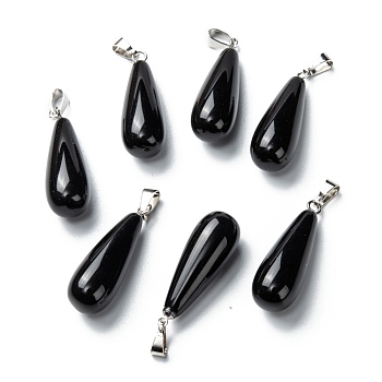 Natural Obsidian Pendants, with Platinum Brass Findings, Teardrop, 26.5~29x10mm, Hole: 2.5~3.5x4~6mm
