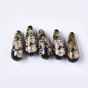 Printed Opaque Resin Beads, teardrop, with Flower Pattern, Black, 32x13mm, Hole: 1.5mm