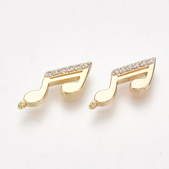 Brass Charms, with Cubic Zirconia, Musical Note, Clear, Nickel Free, Real 18K Gold Plated, 5.5x13x1.5mm, Hole: 0.8mm