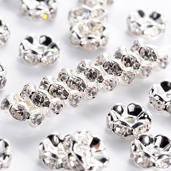 Brass Rhinestone Spacer Beads, Grade AAA, Wavy Edge, Nickel Free, Silver Color Plated, Rondelle, Crystal, 8x3.8mm, Hole: 1.5mm