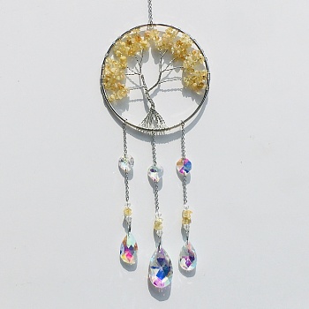 Natural Citrine Tree of Life Pendant Decorations, Suncatchers for Party Window, Wall Display Decorations, 400mm