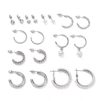Ring & Round Rhinestone Stud Earrings, Imitation Pearl Beads Drop Half Hoop Earrings, Open Hoop Earrings for Women, Platinum, 6~35.5x1.5~7mm, Pin: 0.8mm, 9 pairs/set