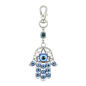 Alloy with Resin Evil Eye Pendant Decoration, with Alloy Swivel Lobster Claw Clasps, Hamsa Hand, 103mm