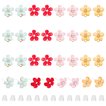 SUPERFINDINGS 32Pcs 4 Colors Alloy Rhinestone Stud Earring Findings, with Acrylic and Horizontal Loops, Flower, Golden, with 60Pcs Plastic Ear Nuts, Mixed Color, 12~13x12mm, Hole: 1.4mm, Pin: 0.7mm, 8Pcs/color