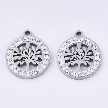 201 Stainless Steel Pendants, with Polymer Clay Crystal Rhinestone, Flat Round with Tree of Life, Stainless Steel Color, 17x15x2mm, Hole: 1.6mm