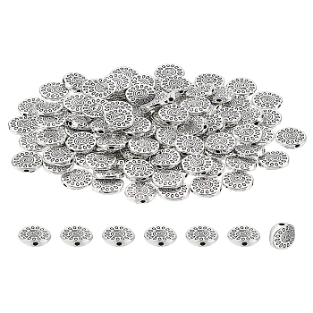 50Pcs Alloy Beads, Round with Sunflower, Antique Silver, 10x3mm, Hole: 1.4mm