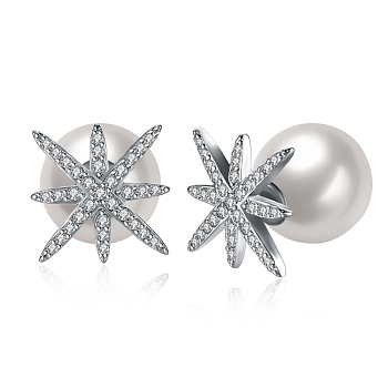 Brass Cubic Zirconia Stud Earrings, with Imitation Pearl, Round and Snowflake, White, Platinum, 18x12mm