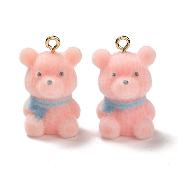 Flocky Resin Pendants, with Alloy Findings, Bear, Misty Rose, 26x17x16mm, Hole: 2mm, 10pcs/box